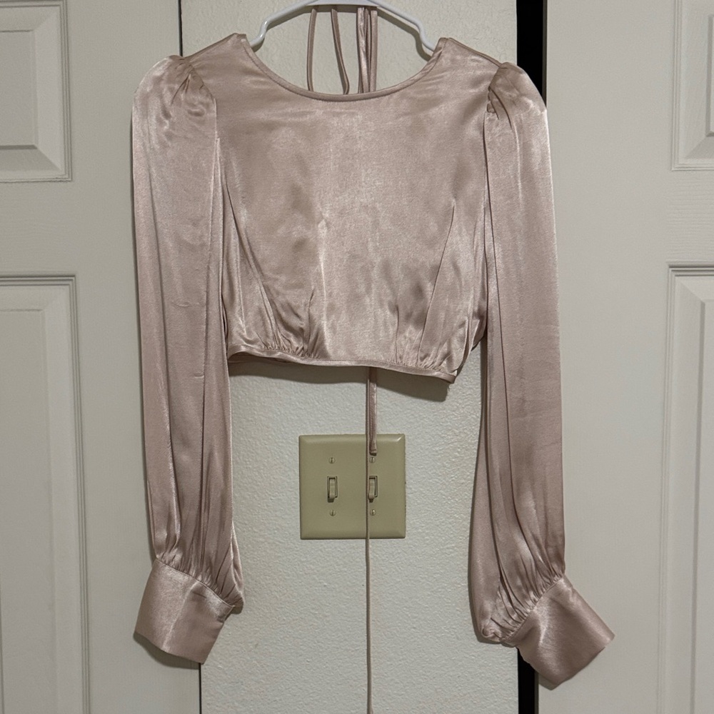 Astr Satin Long Sleeve Crop Top in Blush